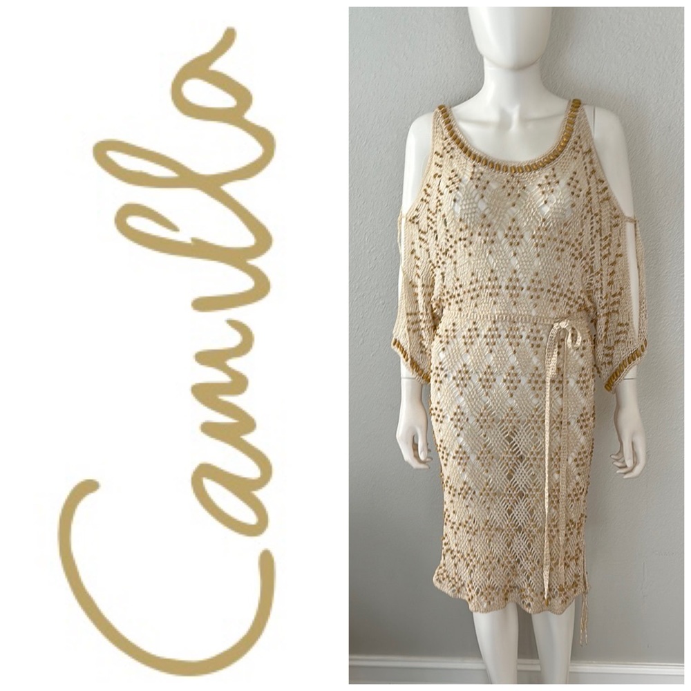CAMILLA natural crochet beaded 70s style boho beach hippie midi dress XS S